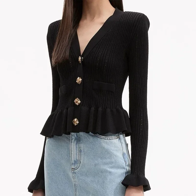 

French-style Elegant New V-neck Knitted Knitted Cardigan Sweater with Long Sleeves and Open Design,