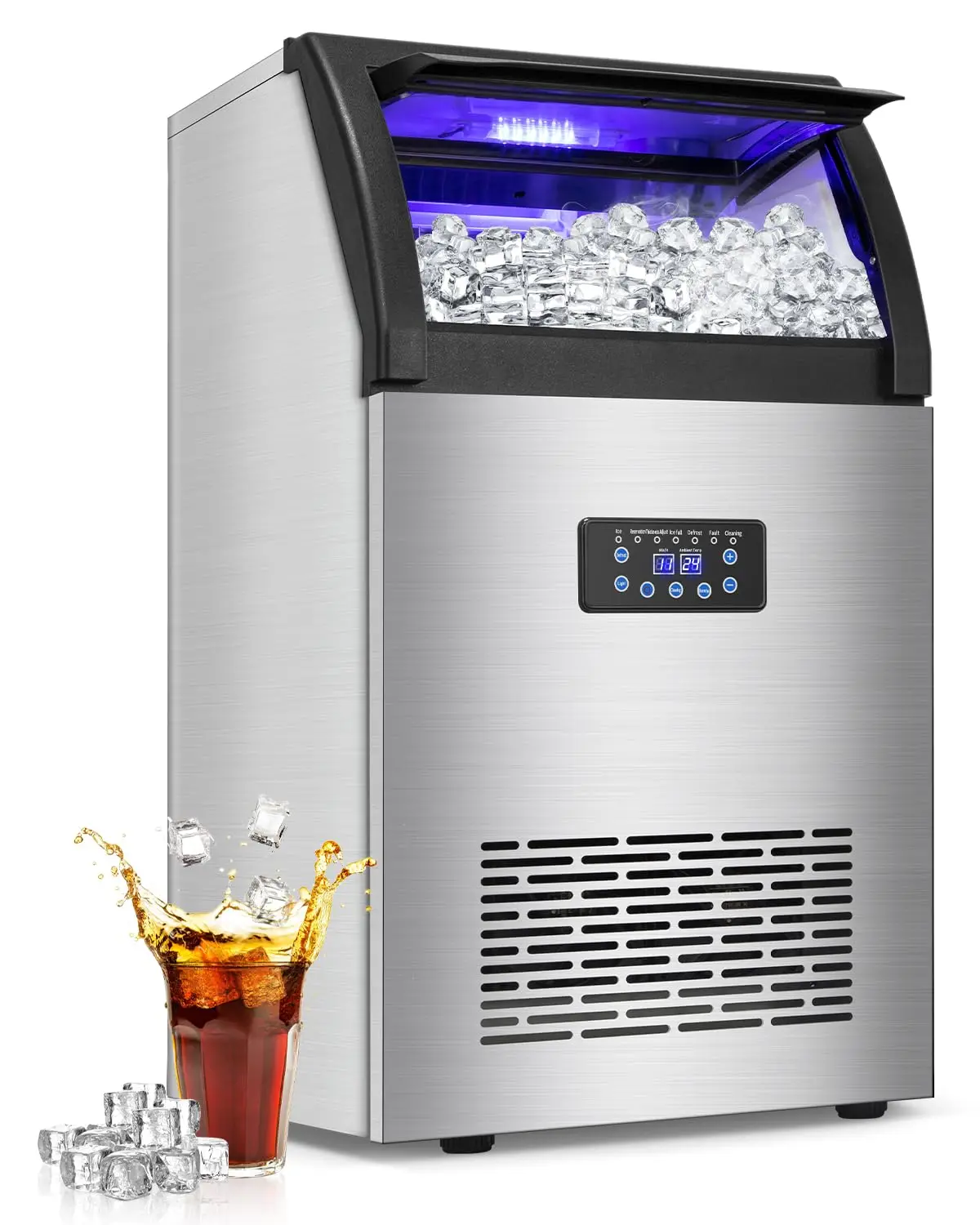 Commercial Ice Maker Machine 150LBS/24H with 50LBS Storage Bin, Stainless Steel Undercounter/Freestanding Ice Maker Machine f