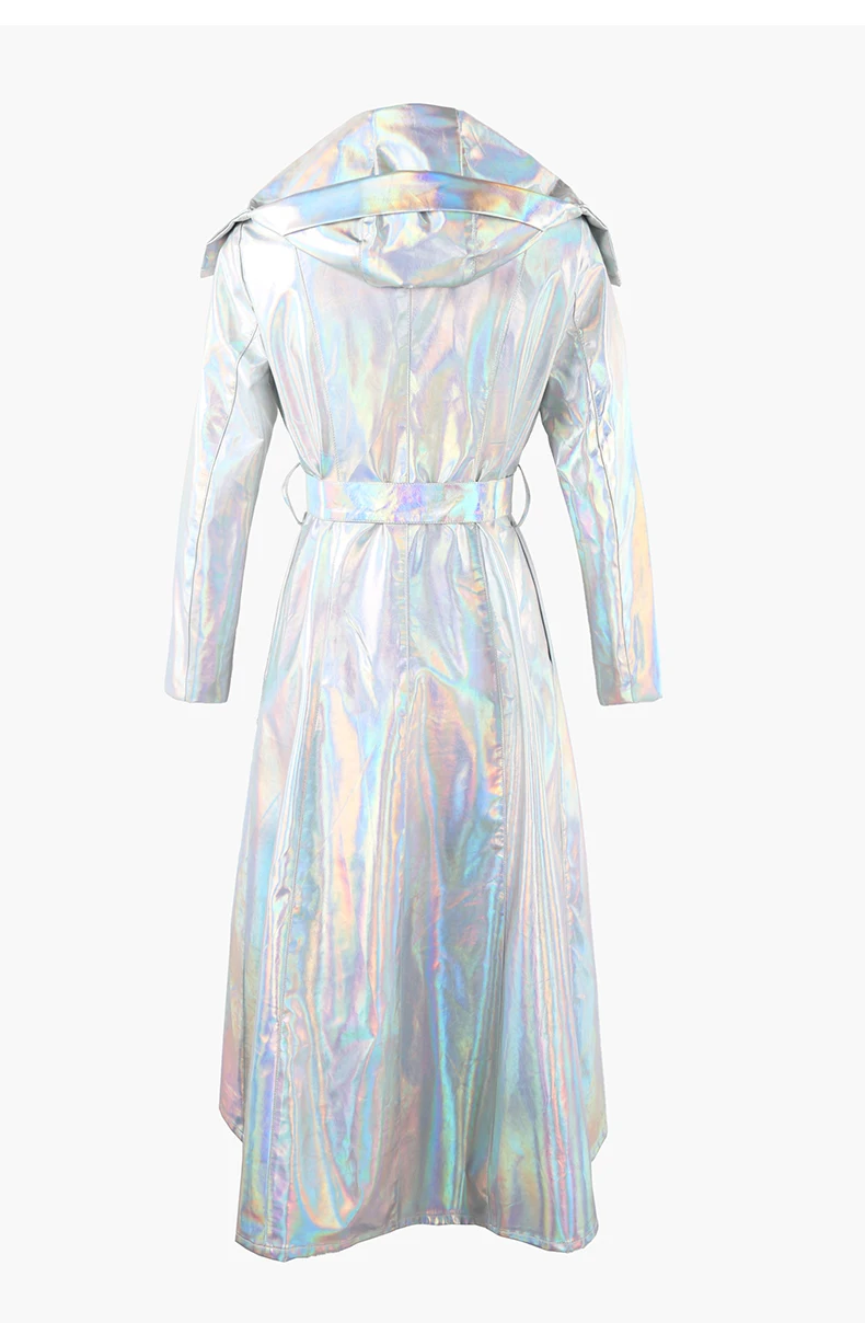 Nerazzurri Autumn Extra Long Windproof Waterproof Shiny Reflective Silver Holographic Patent Faux Leather Coat Women with Hood