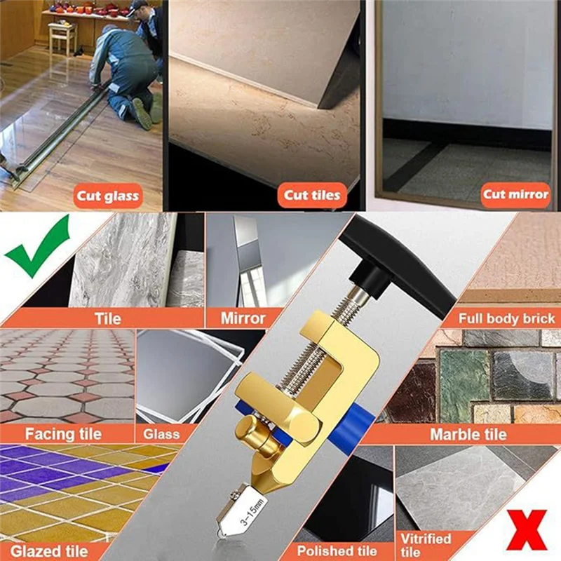 Fliesenschneider-Handwerkzeug mit 3 Wolframstahlklingen – manueller Glasfliesenschneider mit Brechzange A62X
