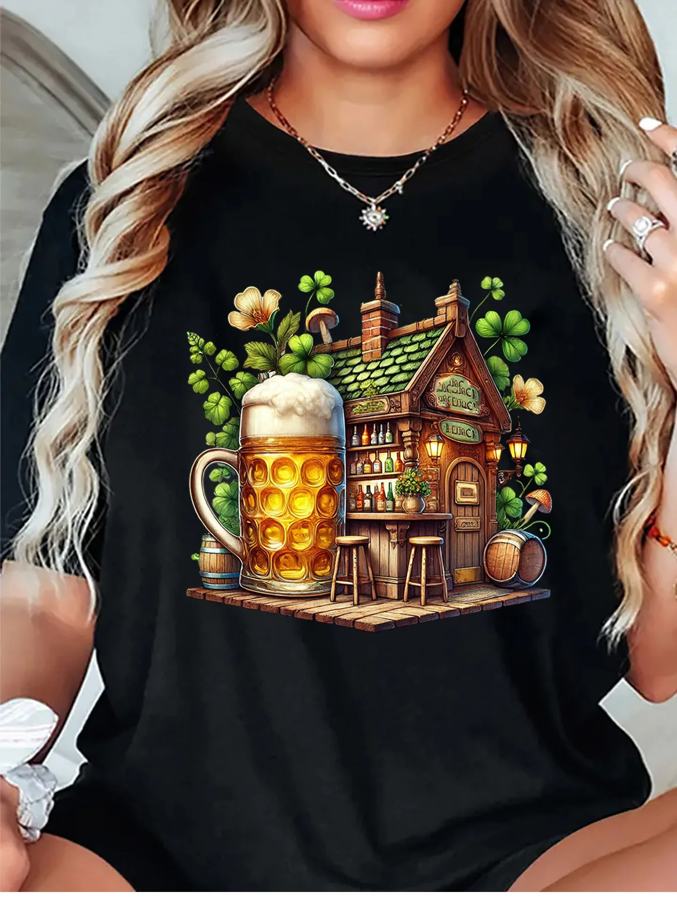 Cute Retro Pub House With Giant Beer Mug And Clover Art Print Graphic Ladies T Shirt Short Sleeve Crew Neck Casual Tee Tops