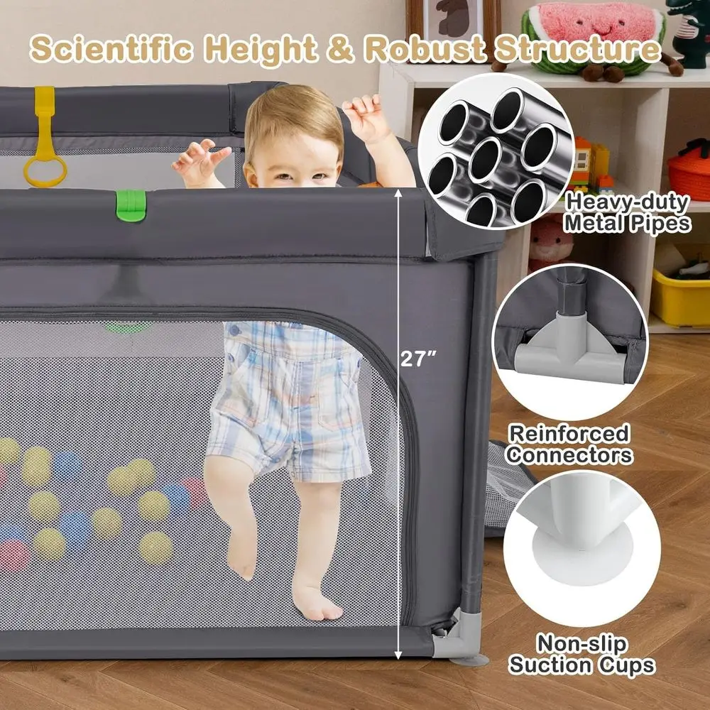 特大81x57ベビーサークル（バスケットボール、サッカー、メッシュ、ジッパー付きゲート付き）- 屋内外兼用幼児用プレイヤード