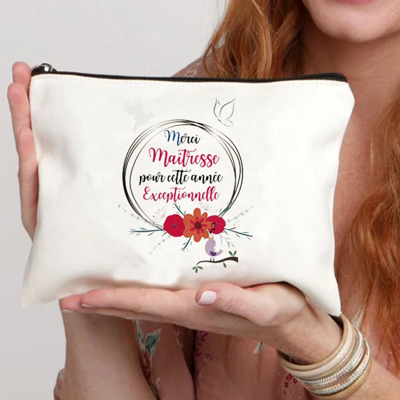 Bolsa de maquillaje con estampado de Merci Maitresse para mujer, Neceser de viaje, organizador para el día del profesor, regalo de graduación, bolsa de cosméticos Super Atsem