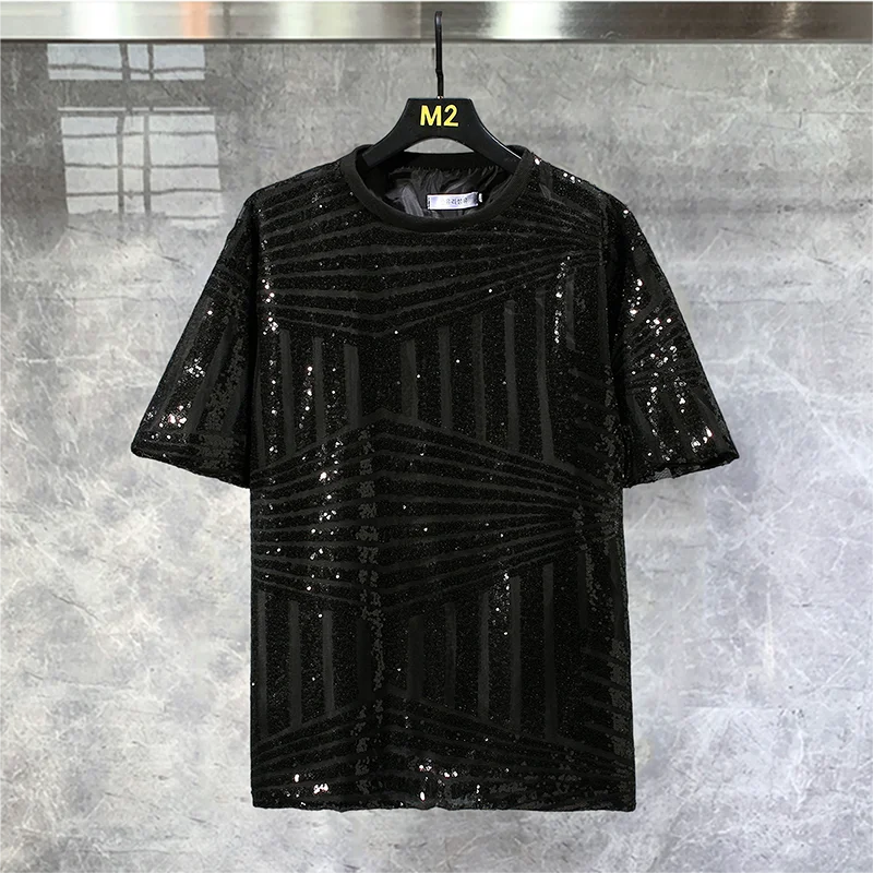 High Quality Sequins Punk Club Outfit Nightclub Tees Summer O Neck Contrast Geometric Luxury Sequins T Shirts Men Gold Silver