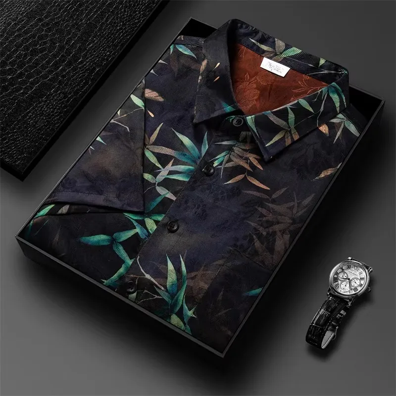

100% Silk Shirts For Men Short Sleeve Print Lightweight Coolness Summer Quality Gambiered Canton Gauze Premium Camisas De Hombre