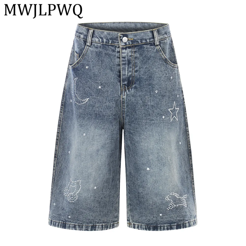 MWJLPWQ Star-Studded Straight-Leg Denim For Men Vibe Style Design Washed Distressed Loose Casual Wide-Leg Shorts Summer 15680