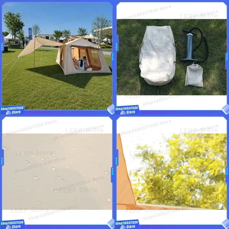 420D Thickened Oxford Inflatable Ridge Tent 396x270cm Luxury Glamping Cabin High Strength PVC Column Waterproof Khaki Outdoor