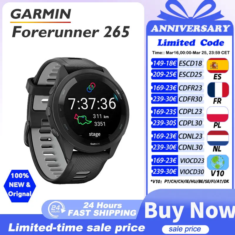 Montre connectée Garmin Forerunner 265, montre de sport Garmin, GPS pour activités de plein air, course à pied, fitness, marathon, natation, fréquence cardiaque, oxygène sanguin