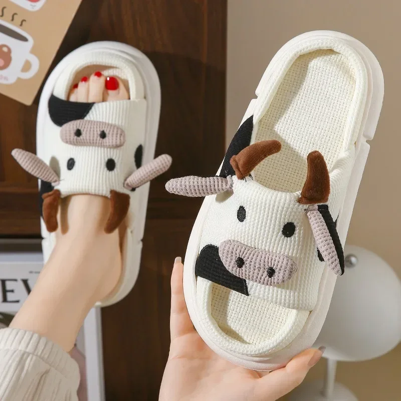 Cute Cartoon Cow Unisex Linen Slippers Spring Summer Slides Mule Men And Women Home Shoes Non-slip Flip Flops For Four Seasons