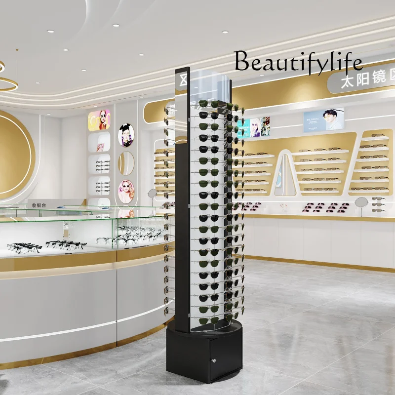 

custom.logo retail optical shop design metal floor locked cabinet rotating sunglasses display stand wood