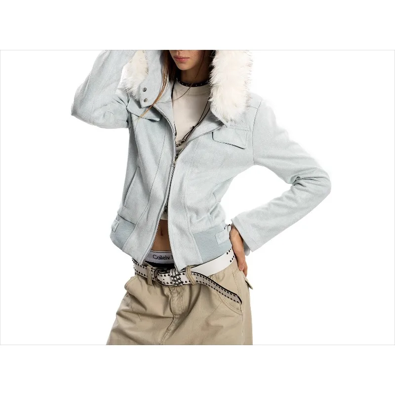 

American retro women's fur collar slim-fitting short jacket jacket deerskin fleece slim hooded cardigan women's sweater winter