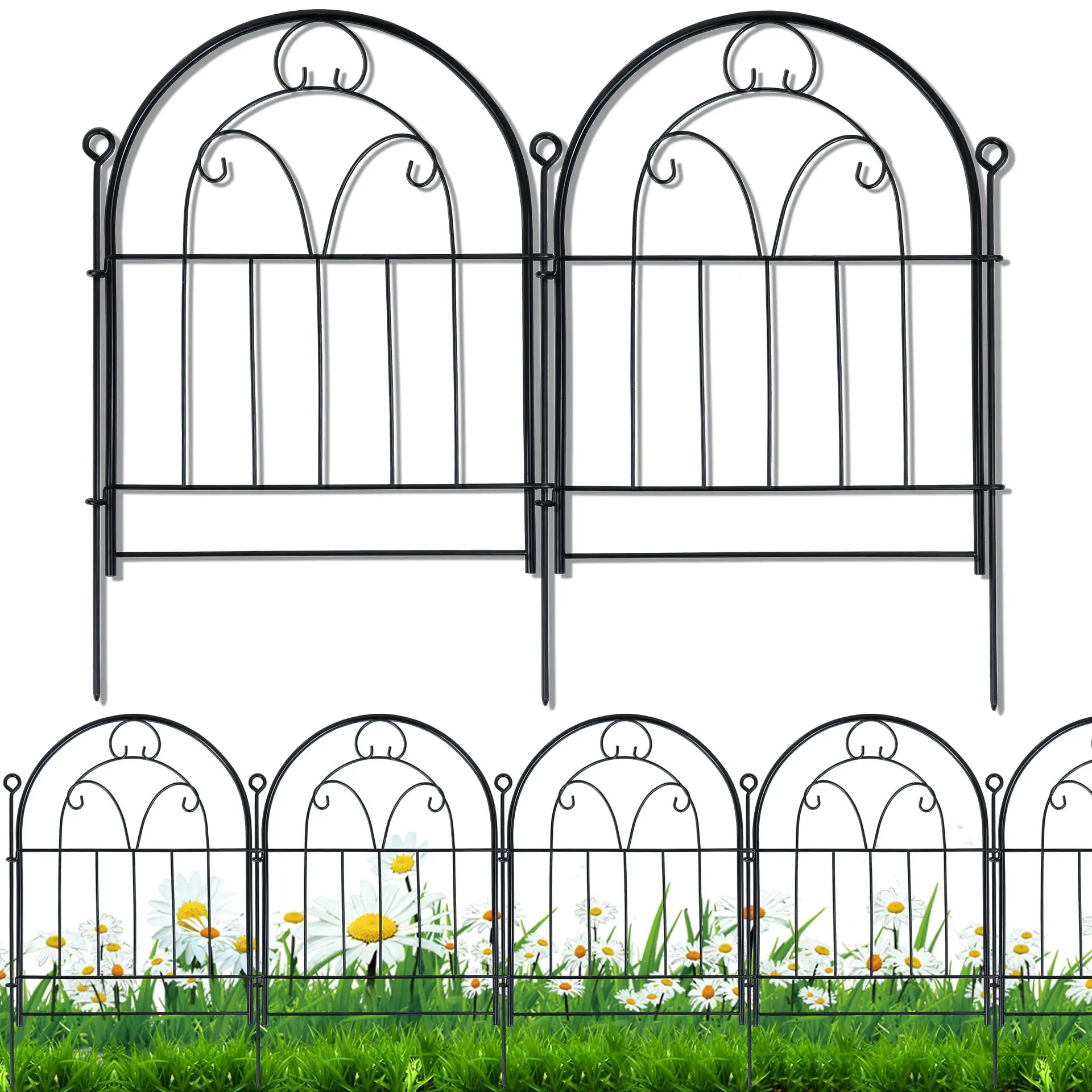 Paquete de 6 valla de jardín de 17 pulgadas x 6 pies, Metal inoxidable, valla sin excavación, barrera de animales para perros, valla de Panel de borde de alambre ornamental arqueado