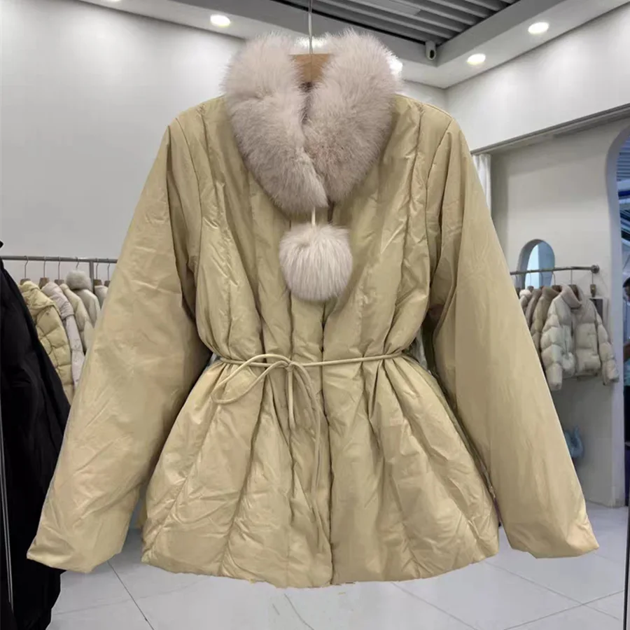 الشتاء منتصف طول كبير ريال فوكس الفراء طوق الأبيض أسفل بطة سترة المرأة الأبيض بطة أسفل الرباط أبلى الإناث سترة مبطنة #5