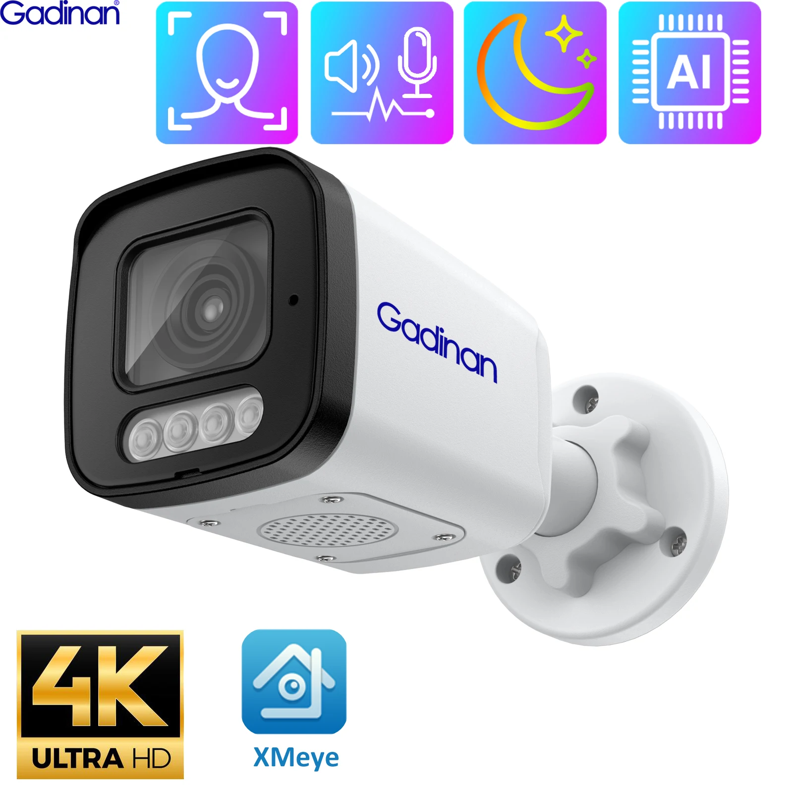 

Gadinan 8MP 4K IP Camera Outdoor AI Face Detection 5MP 4MP H.265 Color Night Vision POE Human Audio Security Protection Camera