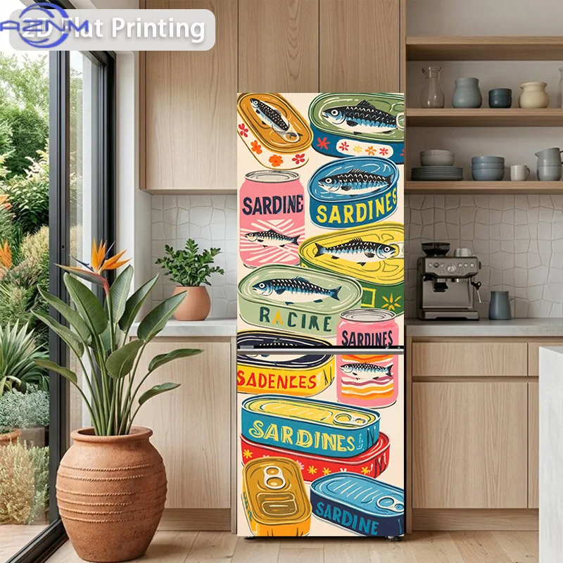 Printing Refrigerator Sticker , Assorted Sardine Cans Themed Design, Self-Adhesive Wall Decal Wallpaper, Suitable for Cabinets