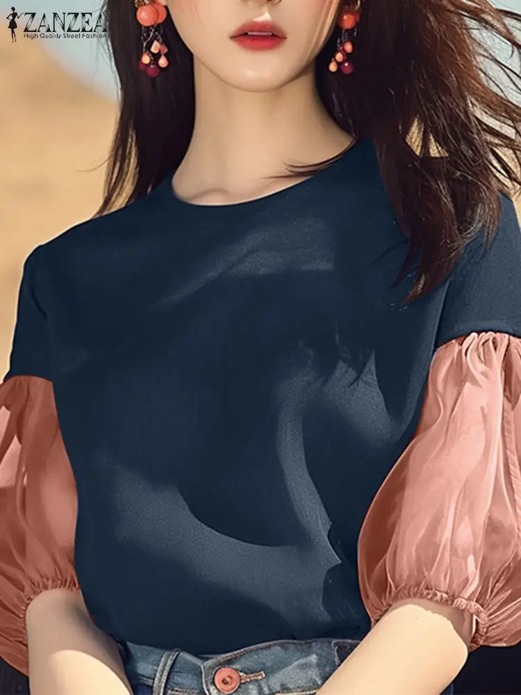 Zanzea-女性用メッシュパッチワークブラウス、対照的な色のステッチシャツ、3/4パフスリーブ、ルーズワークTシャツ、カジュアルパーティートップス、夏
