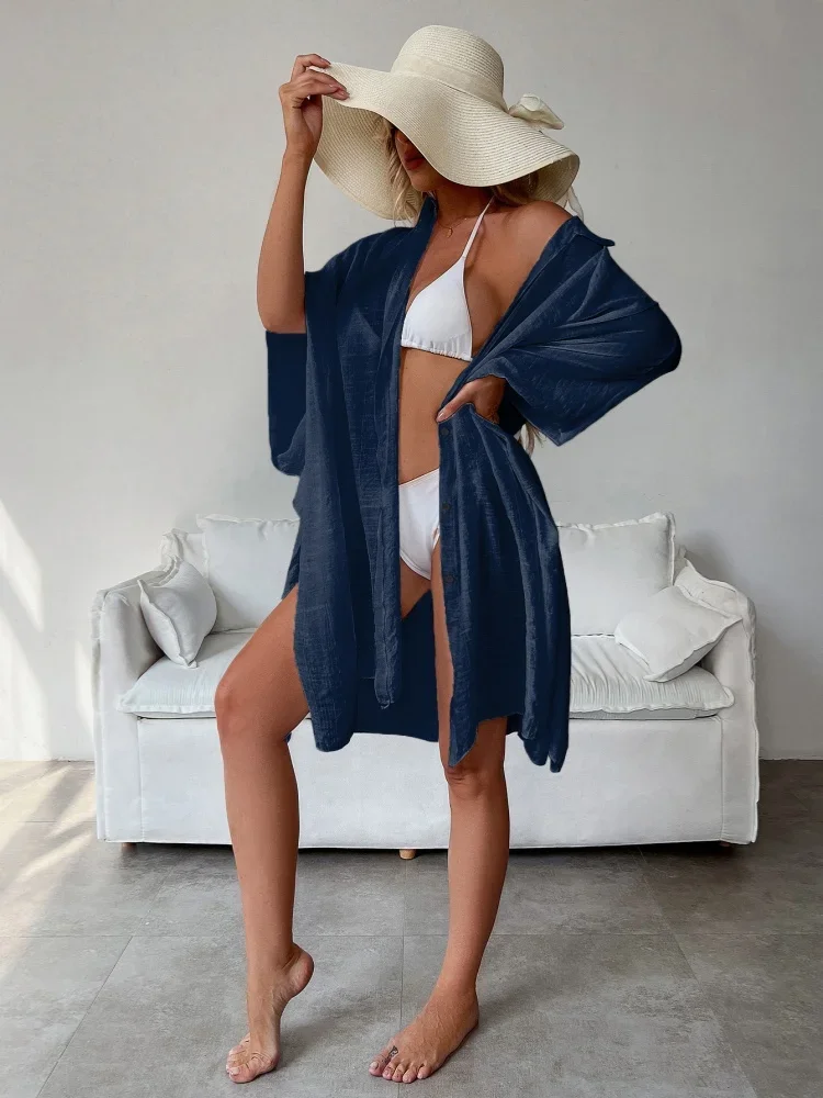 Nuevo Bikini Sexy cubrir camisas de playa para mujer algodón flameado 15 colores traje de baño capa 2025 nuevo verano túnica de manga larga trajes de baño