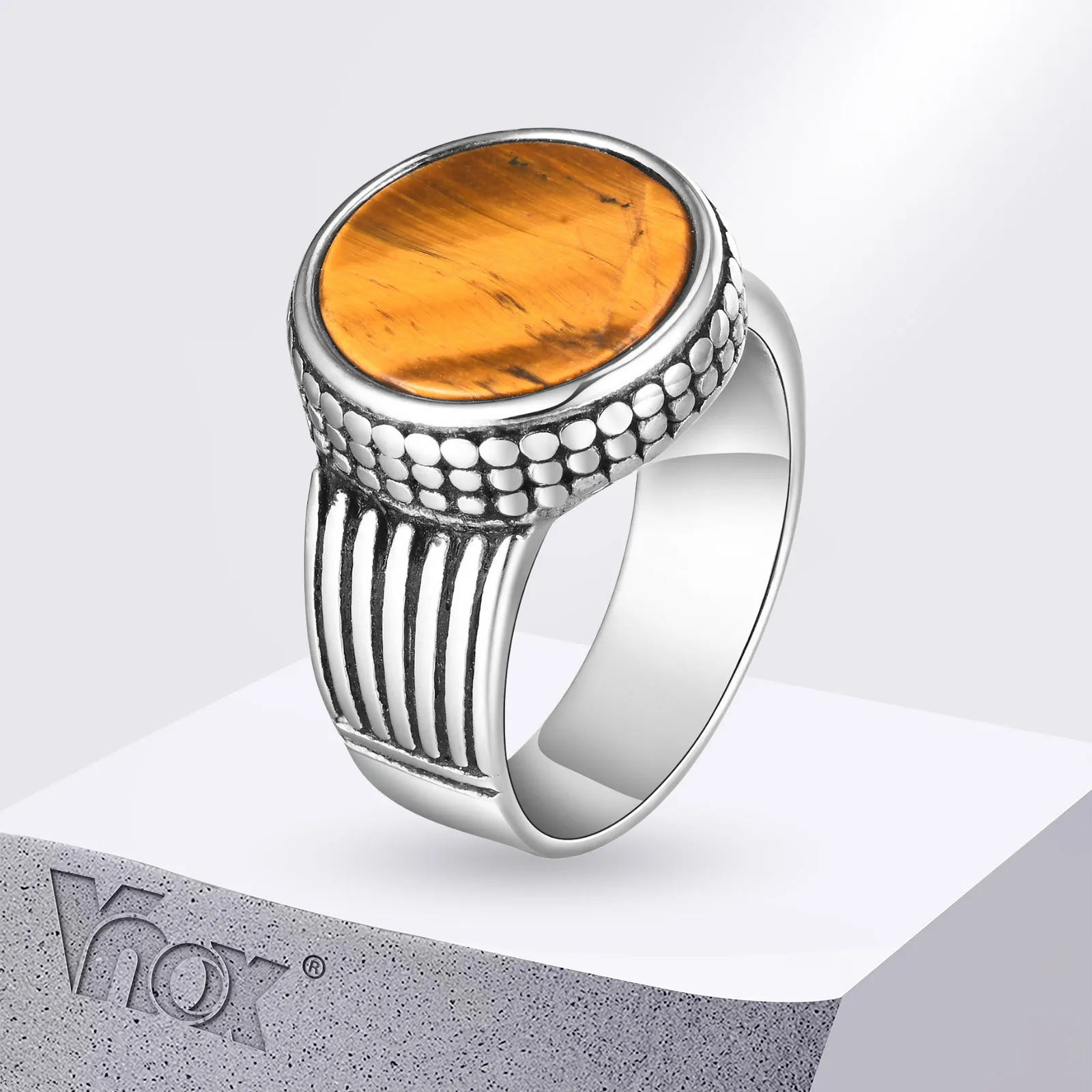 Vnox Tiger Eye Stone Round Top Finger Band for Men Boys, Stainless Steel Signet Ring, Chunky Male Punk Ring Jewelry