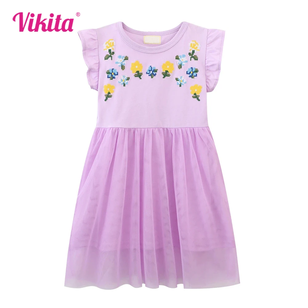 VIKITA Kids New Summer Fashion Mesh Tulle Dress Gift Girls Flower Embroidery Purple Flare Sleeve Patchwork Dress Kids Clothes