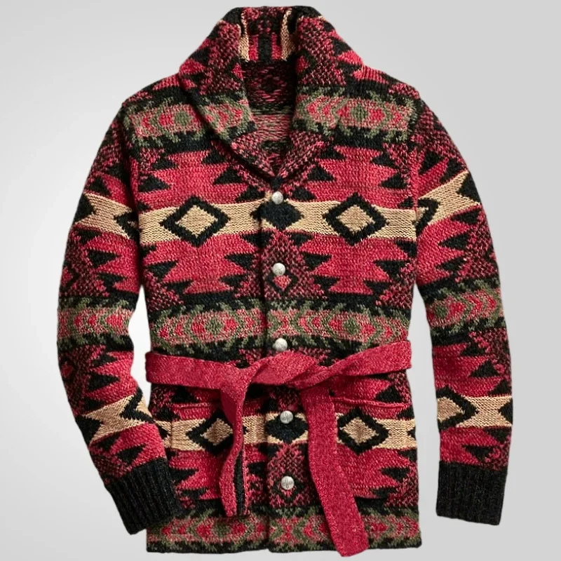 

Men's American Spring and Autumn Vintage Heavy Industry Jacquard Long Sleeve Sweater with Thick Medium Long Sweater Coat M-3XL