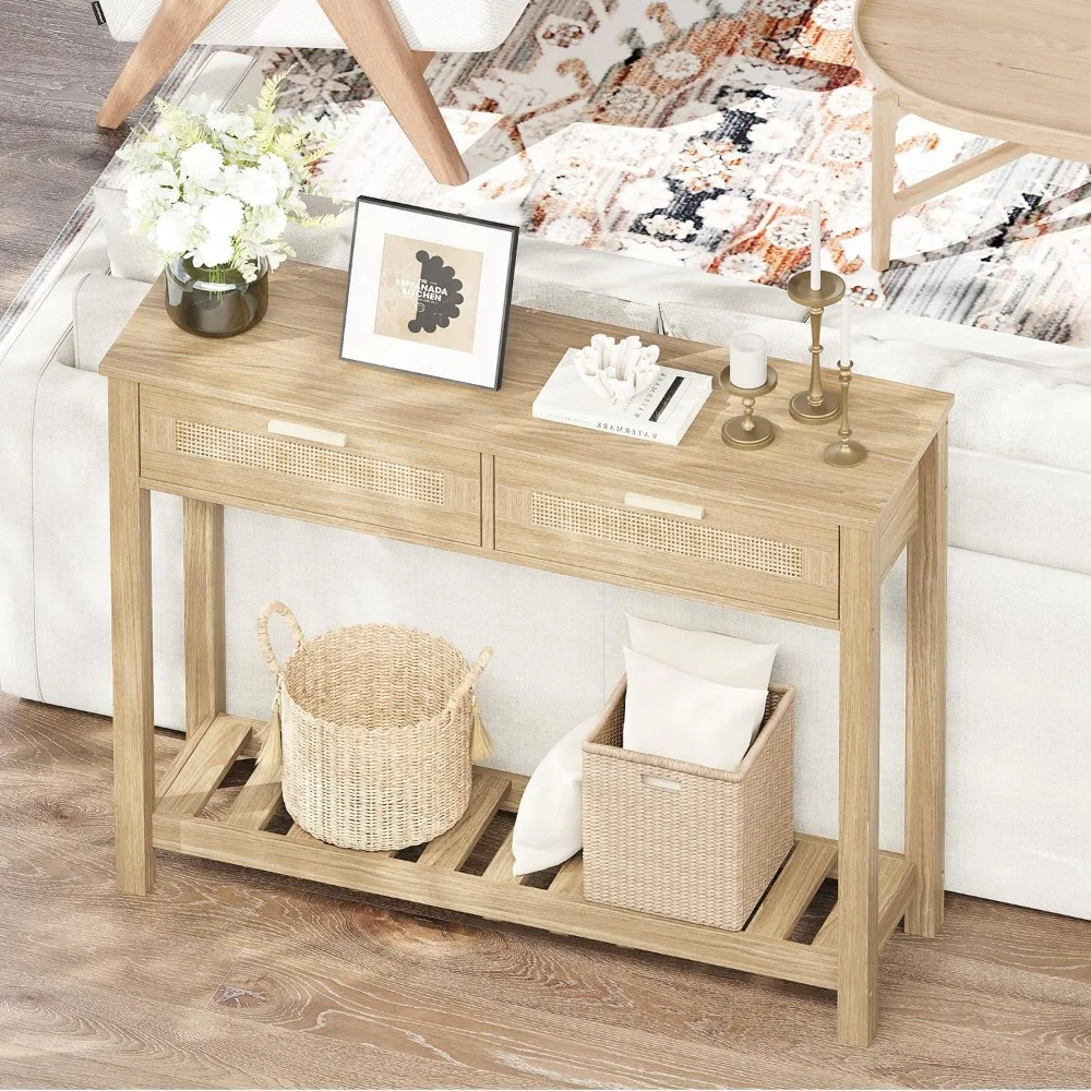 Консольный столик из ротанга в стиле бохо с ящиками и местом для хранения вещей, узкий столик в прихожей, небольшой входной столик для гостиной, фойе, B