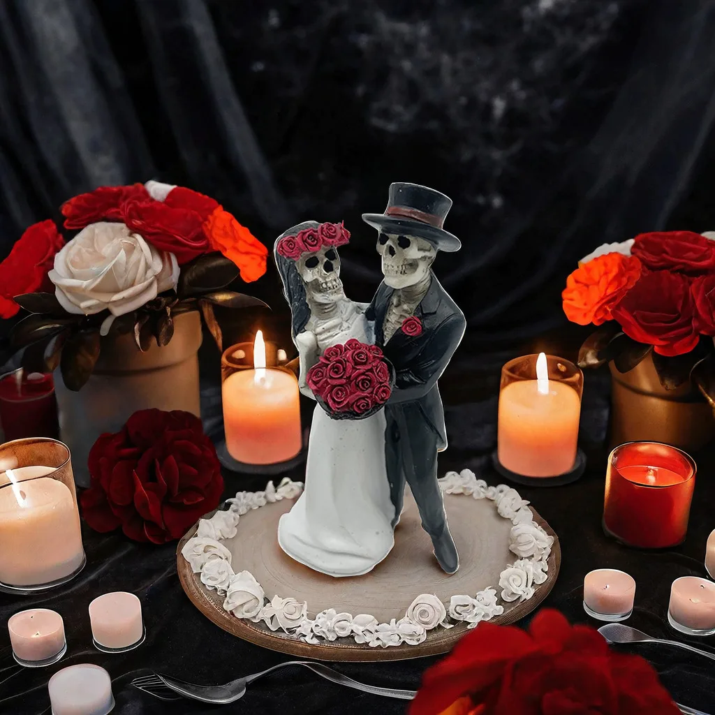 Skeleton Couple Statue, Love Never Dies Bride and Groom Skeleton Couple Wedding Figurine Day of The Dead Skulls Resin Spooky Hal