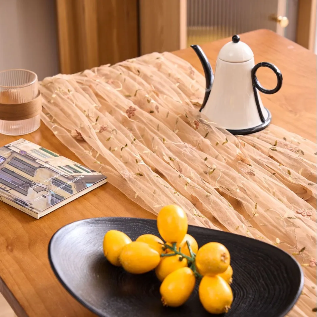 Romantic Floral Embroidered Lace Tulle Tablecloth Transparent Mesh Table Cloth Cover for Wedding Birthday Party Coffee Decor