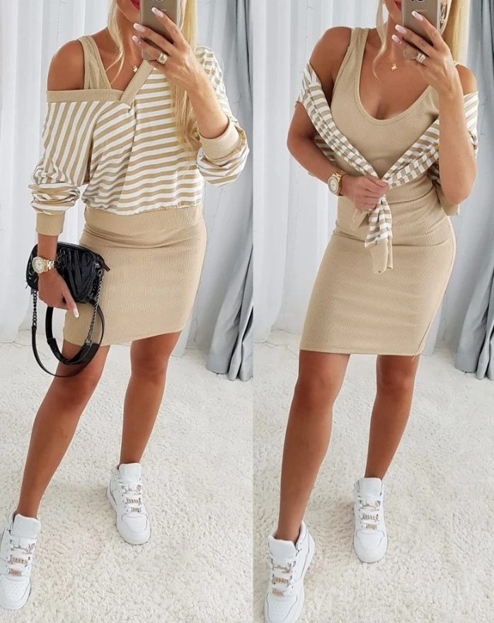 

Elegant Two Piece Set for Woman Autumn Striped V-Neck Long Sleeved Sweatshirt Camisole Bodycon Dress Daily Casual Mini Dress Set