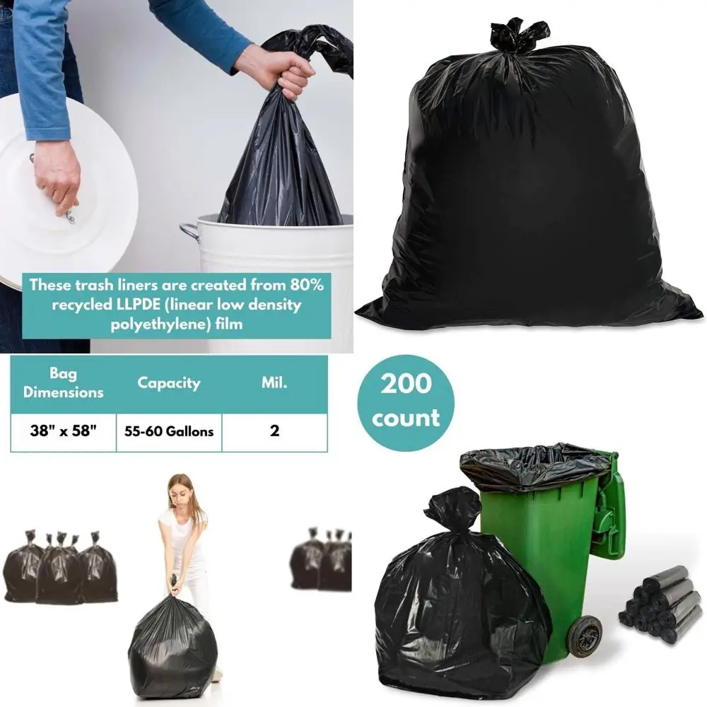 

Heavy-Duty 55-60 Gallon Black Trash Bags, 200 Count, 2 Mil, Ideal for Commercial Use, Kitchen, Warehouse, Office, Janitorial, an