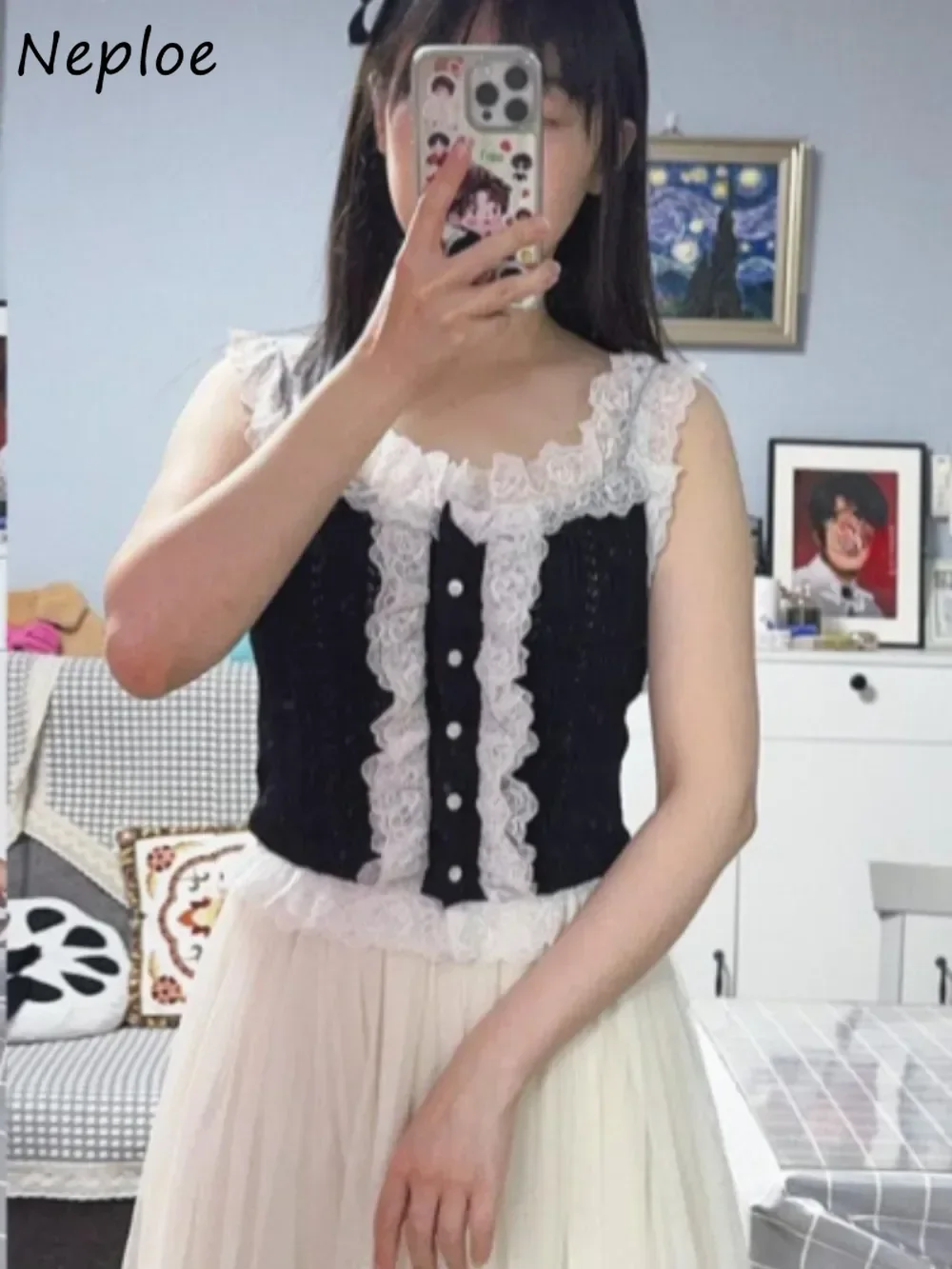

Neploe New Literary Gentle Lace Tanks Knit Panelled Fungus Patchwork Slim Minority Casual Vest Japan Moda Western French Camis