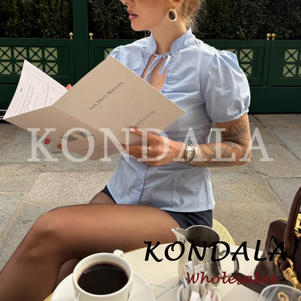 

KONDALA Шикарная винтажная элегантная синяя женская рубашка, модная модель 2026 года, приталенная повседневная летняя рубашка с коротким рукавом, элегантный женский топ с завязками