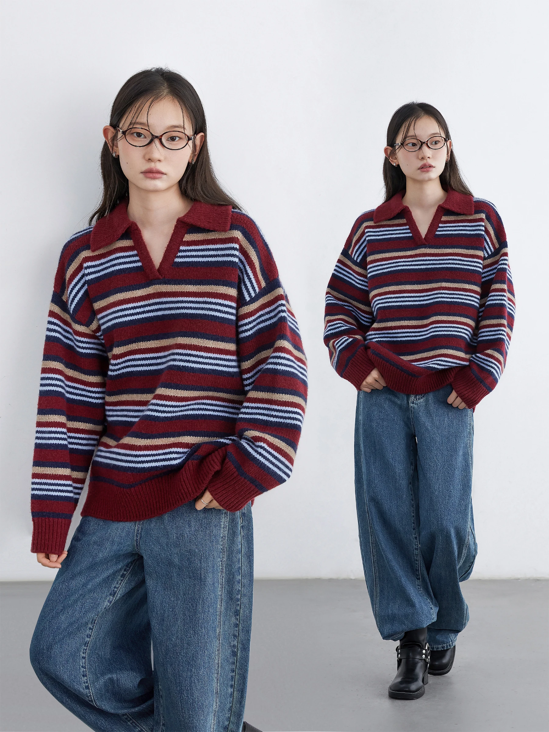 CHIC VEN-suéter holgado informal para mujer, Jersey Retro a rayas con contraste y cuello tipo Polo, jerséis de punto cálidos para mujer, jersey para Otoño e Invierno 2025