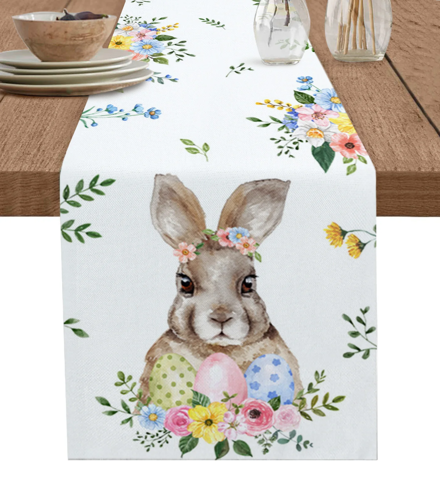 Easter Spring Plant Flowers Rabbit Eggs Decorations Coffee Table Decor Tablecloth Table Kitchen Decorative Table Runner