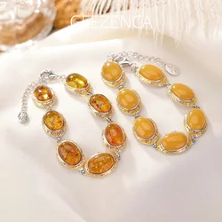 GEEZENCA S925 Silver Two Tone Natural Piebald Amber Bracelet For Women Simple Luxury Chic Bracelet Bangle 2024 New Best Gift