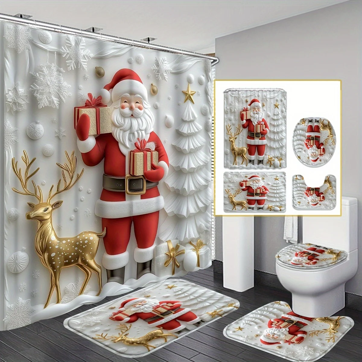 4PCS Christmas Winter Shower Set, Santa & Reindeer Print, 12 Hooks, Toilet Seat Cover, Non-Slip Mat, Holiday Gift