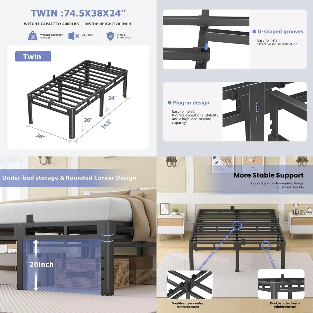 إطار سرير معدني مزدوج 24 مع زنبرك صندوق، أرجل زاوية مستديرة، سعة 4000 رطل، سدادة مرتبة، فتحة اللوح الأمامي، تجميع هادئ #1