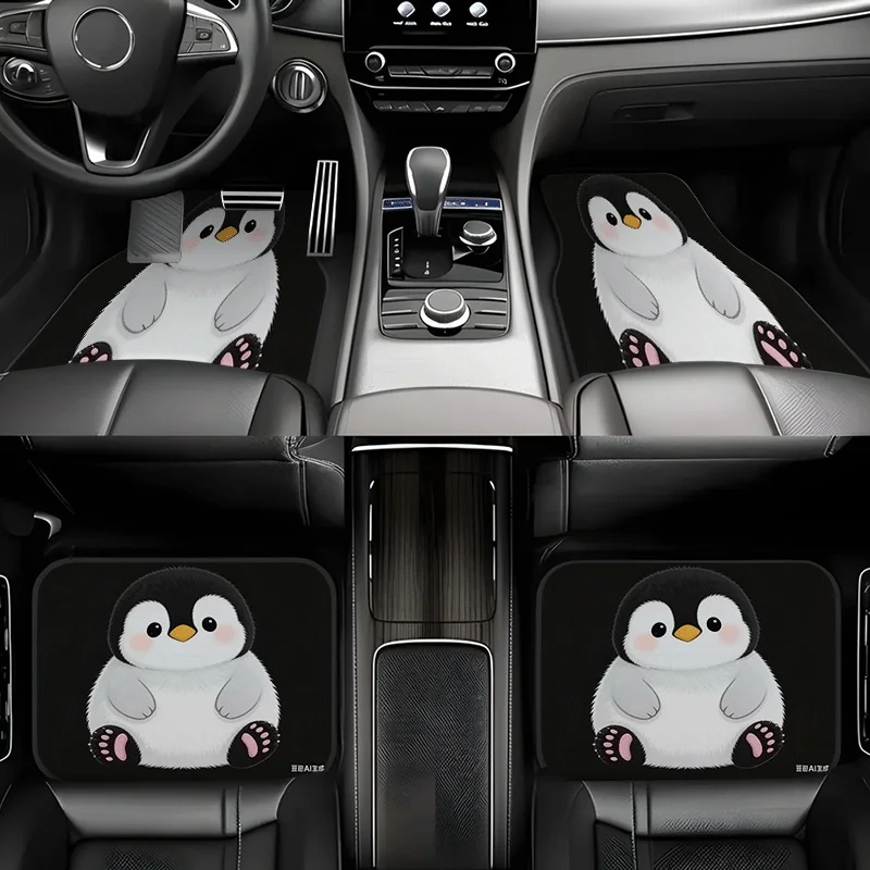 4pcs Set Car Foot Mats Cartoon Penguin Pattern Carpet Material All-Season Non-Slip Wear-Resistant Sedan/Suv/Truck Universal Fit