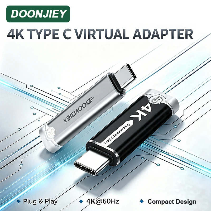 DOONJIEY Type-C Virtual Display Adapter 4K@60Hz USB C DDC EDID Dummy Plug Emulator Compatible Thunderbolt 4/3 For Laptop Desktop