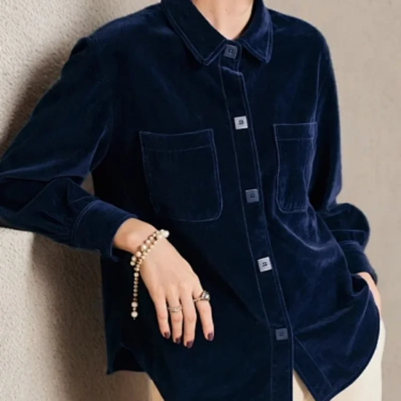 Women Dark Blue Corduroy Shirt Lapel Collar Double Pockets Casual Elegant Long Sleeve Top For Autumn Winter