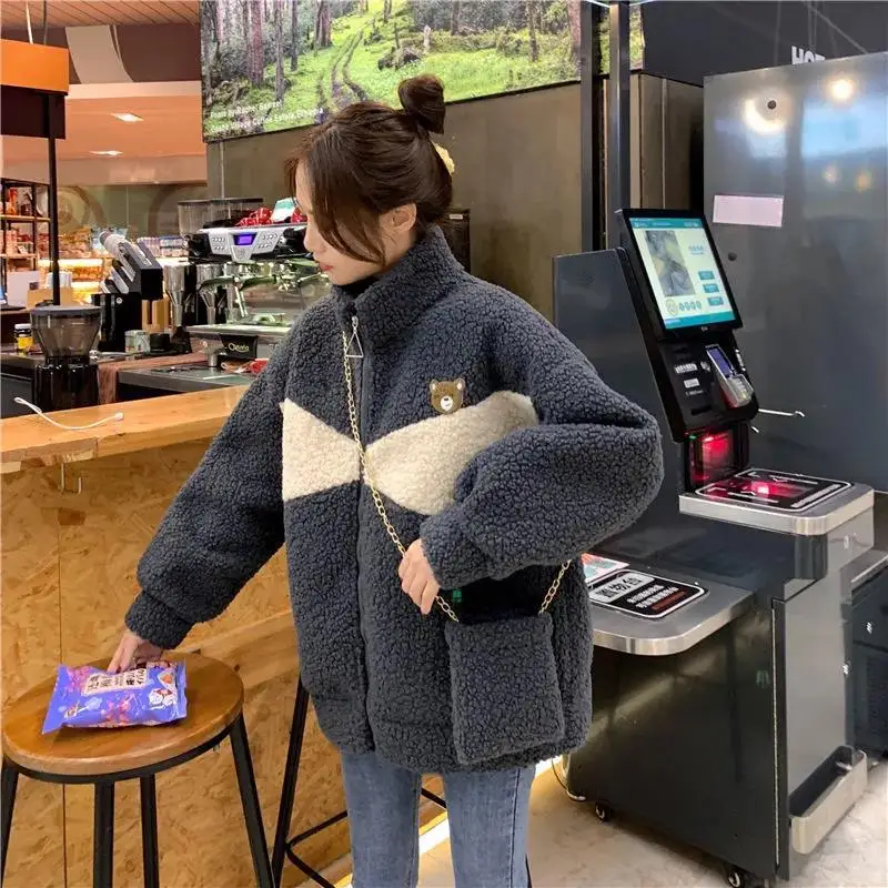 Autumn Winter Loose Thickened Fashion Zipper Hoodie Jacket Women's  Fleece Bear Embroidery Velvet Trendy Open Cardigan Fall