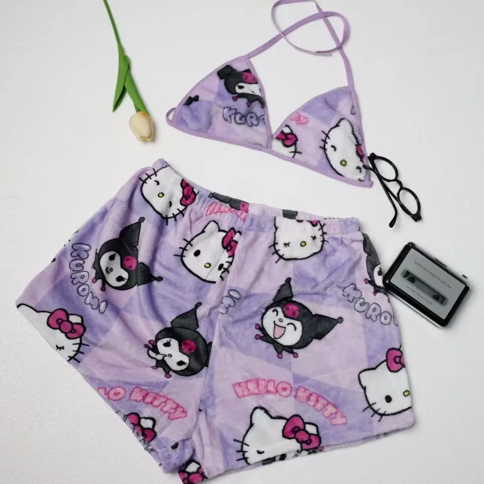 Hello Kitty Cartoon Pajamas Split Type  Plush Underwear Summer Boxer Shorts Pajama Pants Adjustable Straps Lounge Clothes