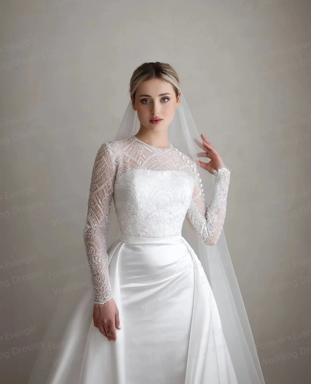 Elegant Princess Wedding Dresses Woman's Sexy O Neck Mermaid Lace Long Sleeve Satin Bride Gowns Vestidos De Novia Customized