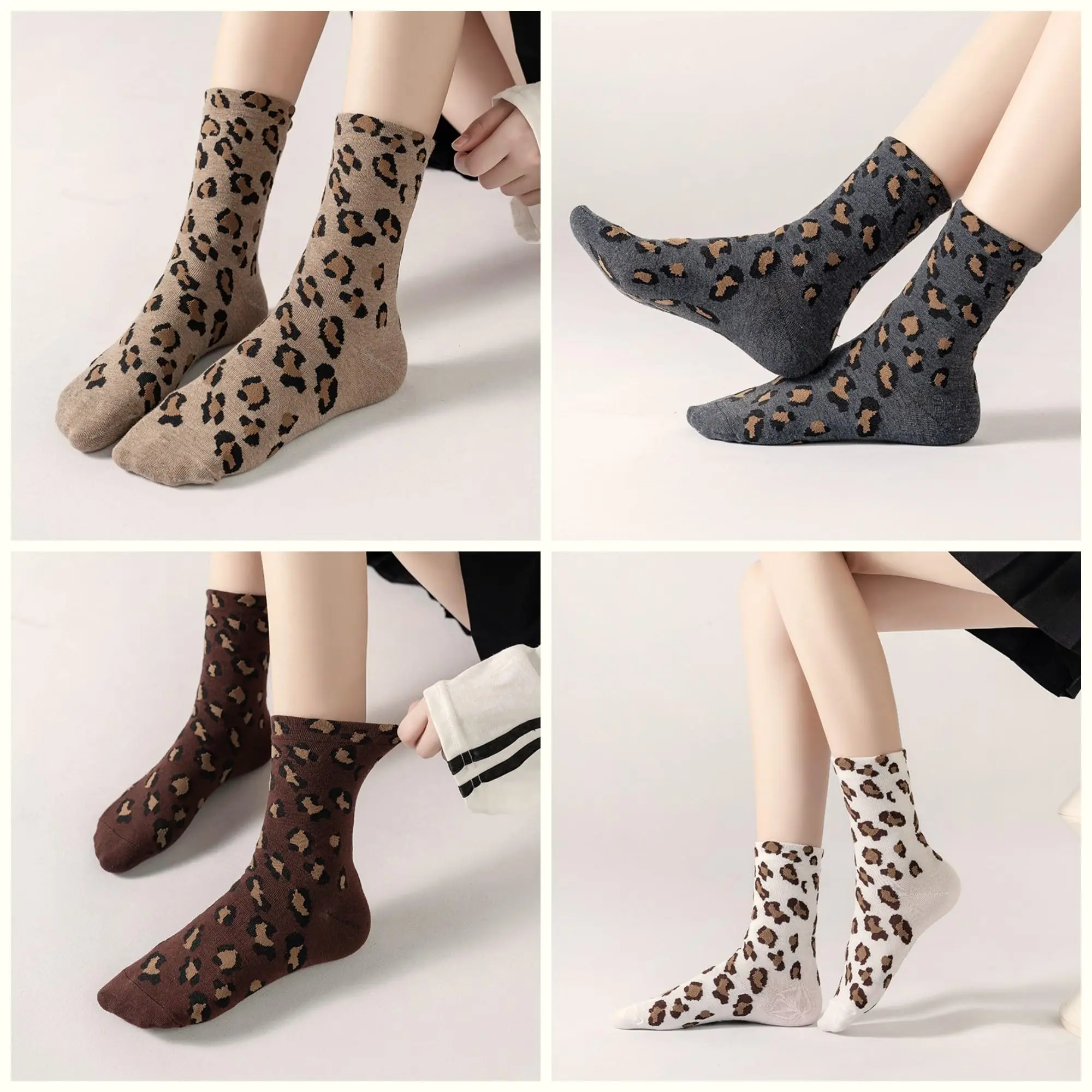 5 Paar Thermo-Crew-Socken für Damen, gemütliche Viertelsocken aus Baumwolle mit Leopardenmuster, warme, neutrale Söckchen für Damen