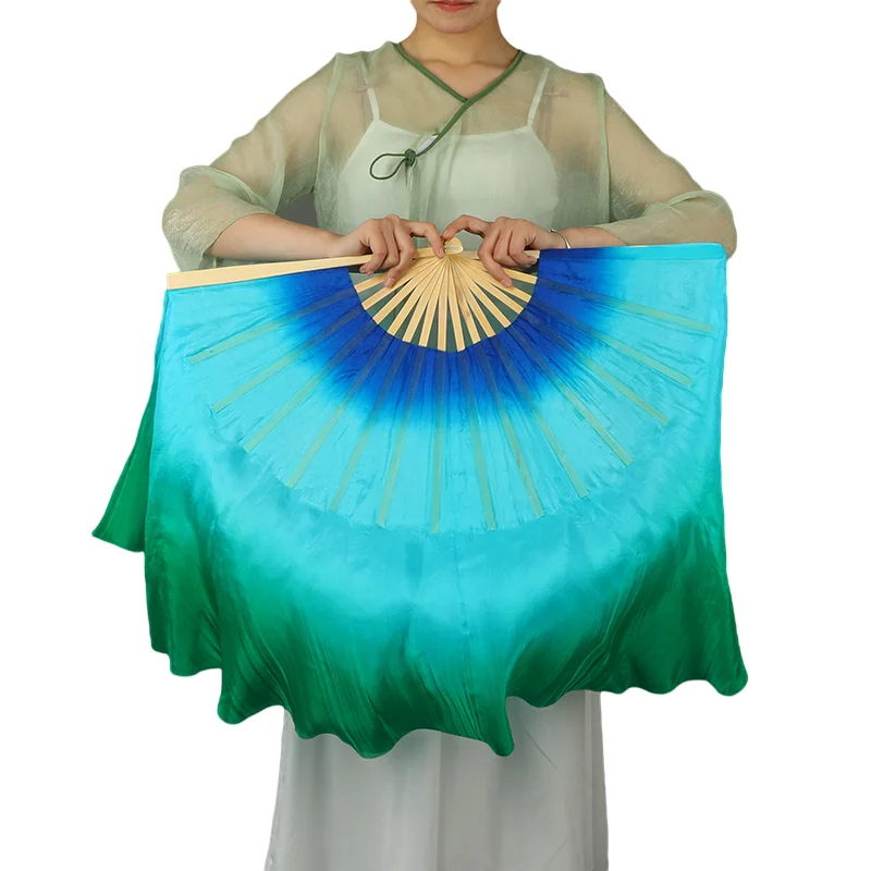 Silk Gradient Fan Royal Blue Turquoise Green Double Sided Fan Veils Pair Extra Long Light Weight Half Moon Circle Belly Dancing