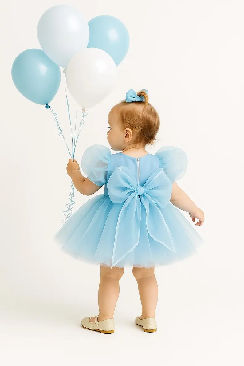 Flower Girls Dress Blue Organza Birthday Dress: Sequin Bow, Layered Tulle, Handmade for Wedding Party