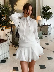 TARUXY New White Chiffon Dress For Women Casual Ruffled Pleated Mini Dress See-through Loose Oversized Shirt Dress Cover-Up 2024