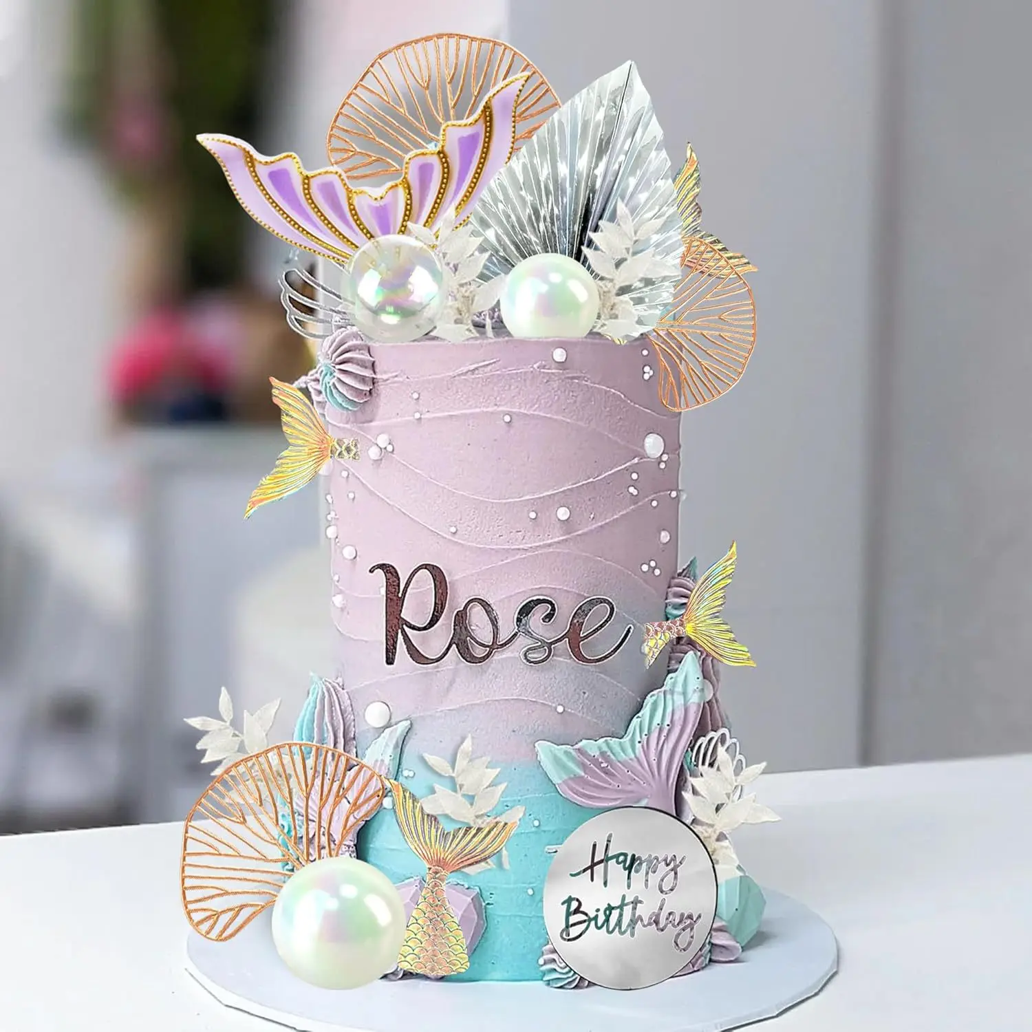 Meerjungfrauenschwanz-Kuchendekoration Weiße Perlenkugeln für Geburtstag Unterwasser-Party Meerjungfrauen-Themenparty Partyzubehör – Detail 6