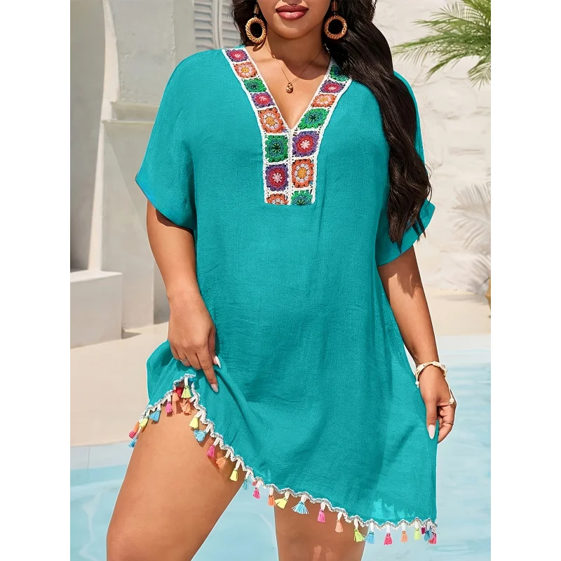 MOXDO Women's Bohemian StyleVLoose-fitting long dress，Colorful embroidered tassel hem - Machine washable for vacation、Poolside a