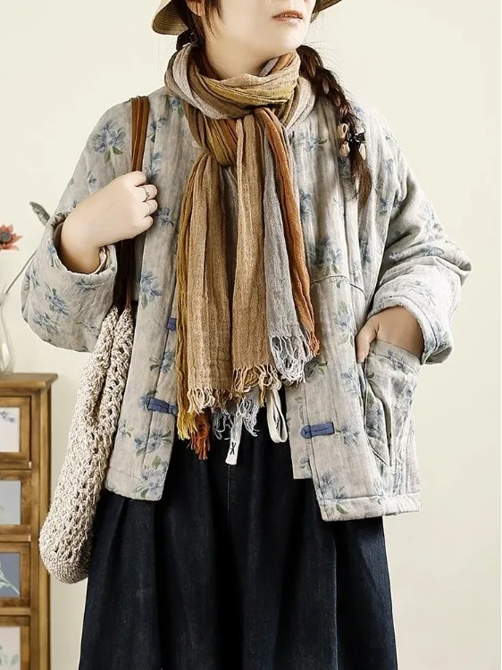 Retro Artistic Button-Up Collar Floral Print Thiened Cotton Jaet Women's Winter New Sle Small Size Cotton Outerwear