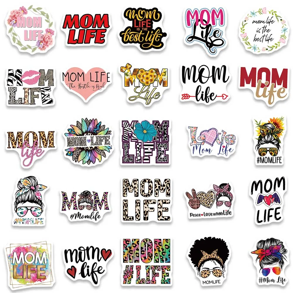 50PCS Mom Life Graffiti Cartoon Vinyl  Funny Stickers Decals for Water Bottle Laptop Skateboard Scrapbook Luggage Kids Toy